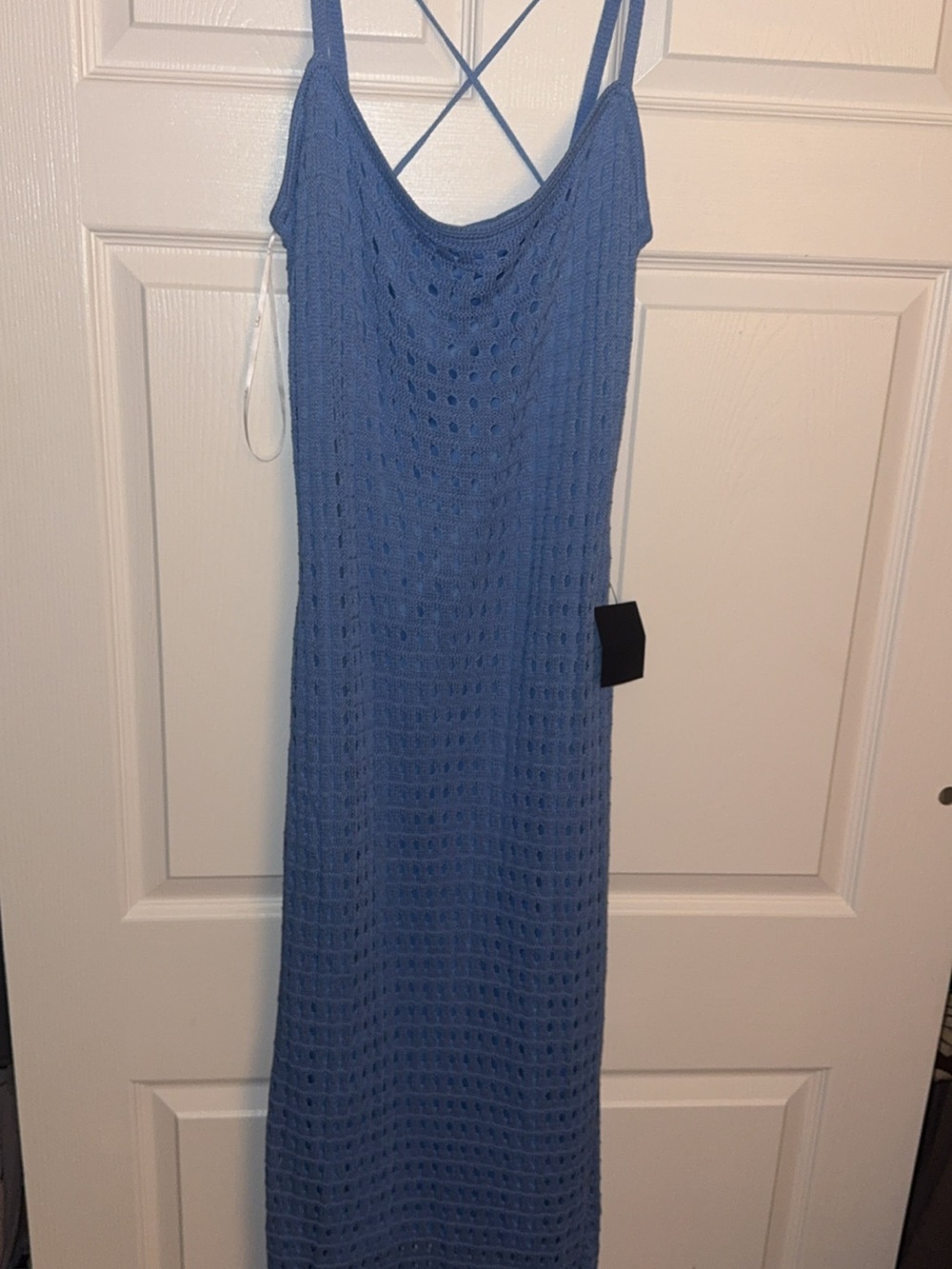 Lulu's Periwinkle Blue Crochet Midi tie back lace up Dress